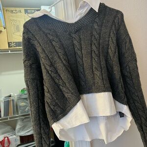 Anthropologie Gray V-Neck Cable Knit Sweater